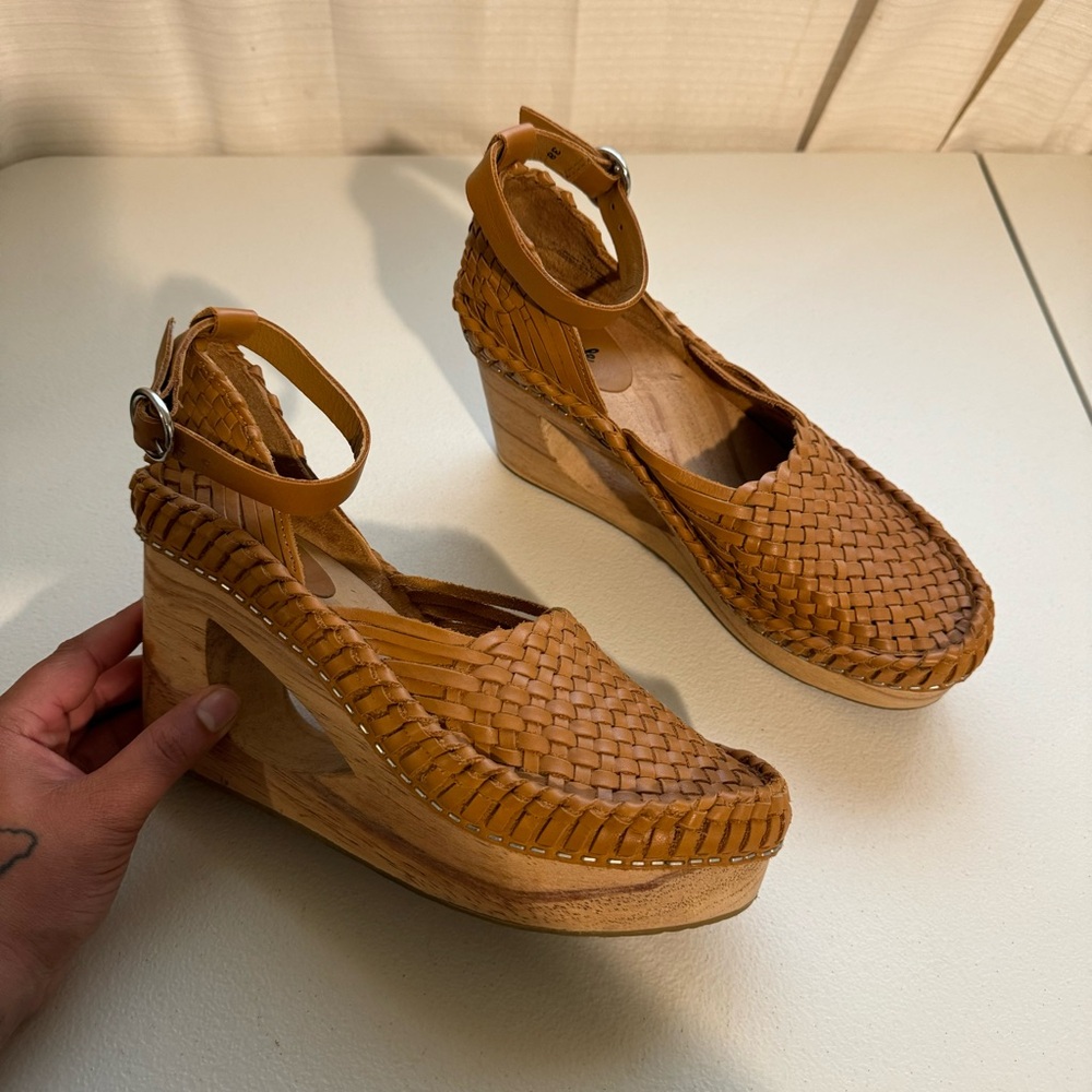 Free People Tan Woven Platform Heels
